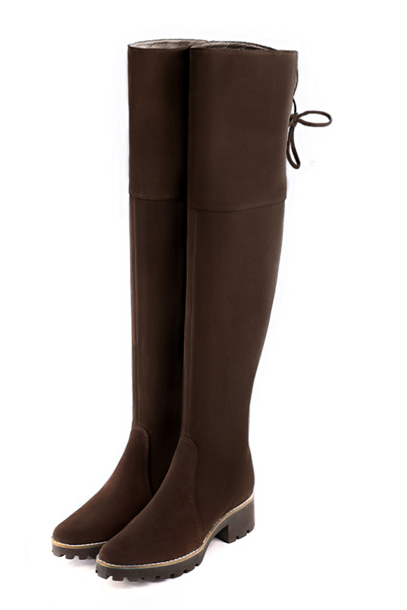 Dark brown women's leather thigh-high boots. Round toe. Low rubber soles. Made to measure - Florence KOOIJMAN